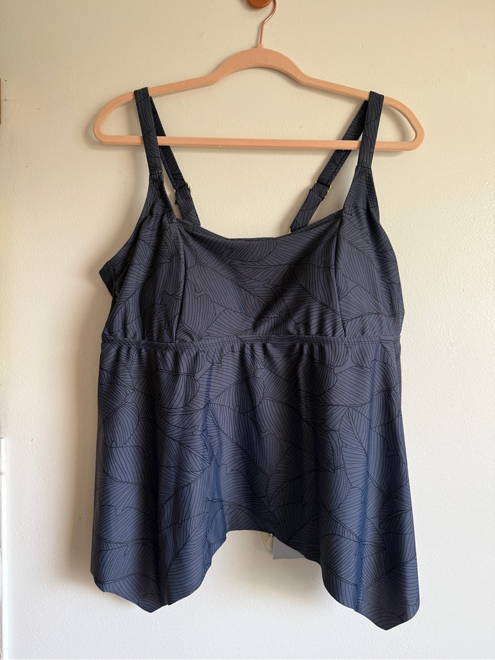 Kona Sol Dark Navy Blue Tankini Swim Top with Slate Leaf Print